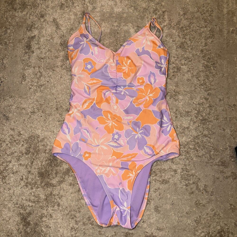 Ninety Nine One Piece Swimsuit Bathing Suit Tropical Floral Purple Orange Small